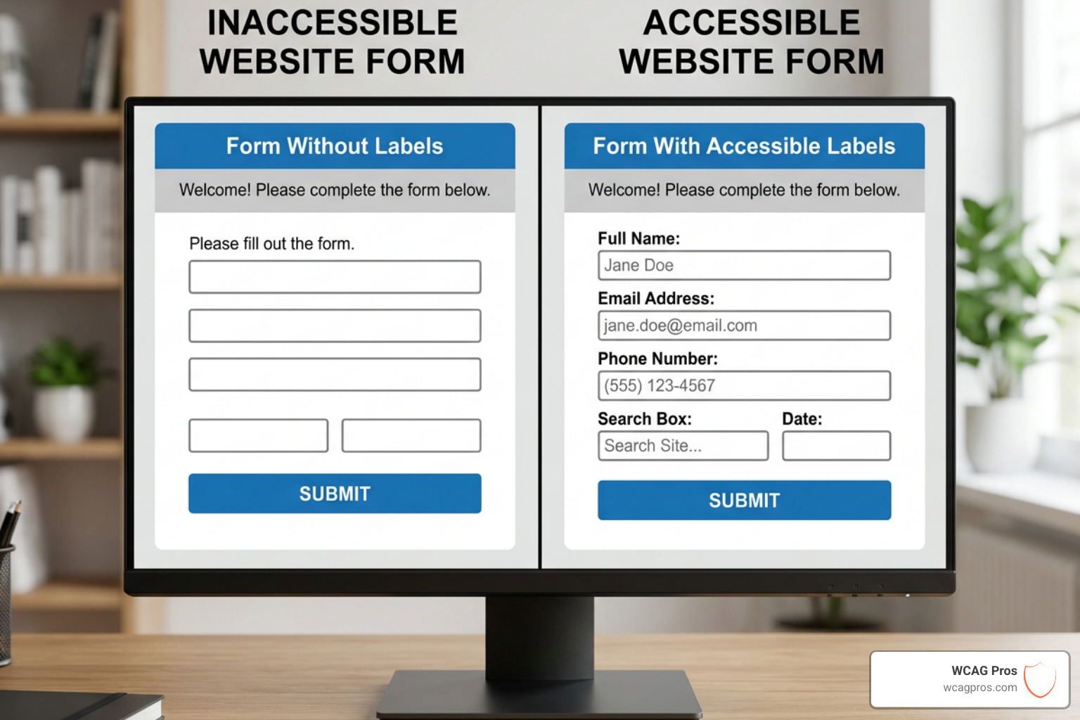 Comparison of an accessible form with clear labels versus an inaccessible form without labels - website ada compliance Comparison of an accessible form with clear labels versus an inaccessible form without labels - website ada compliance