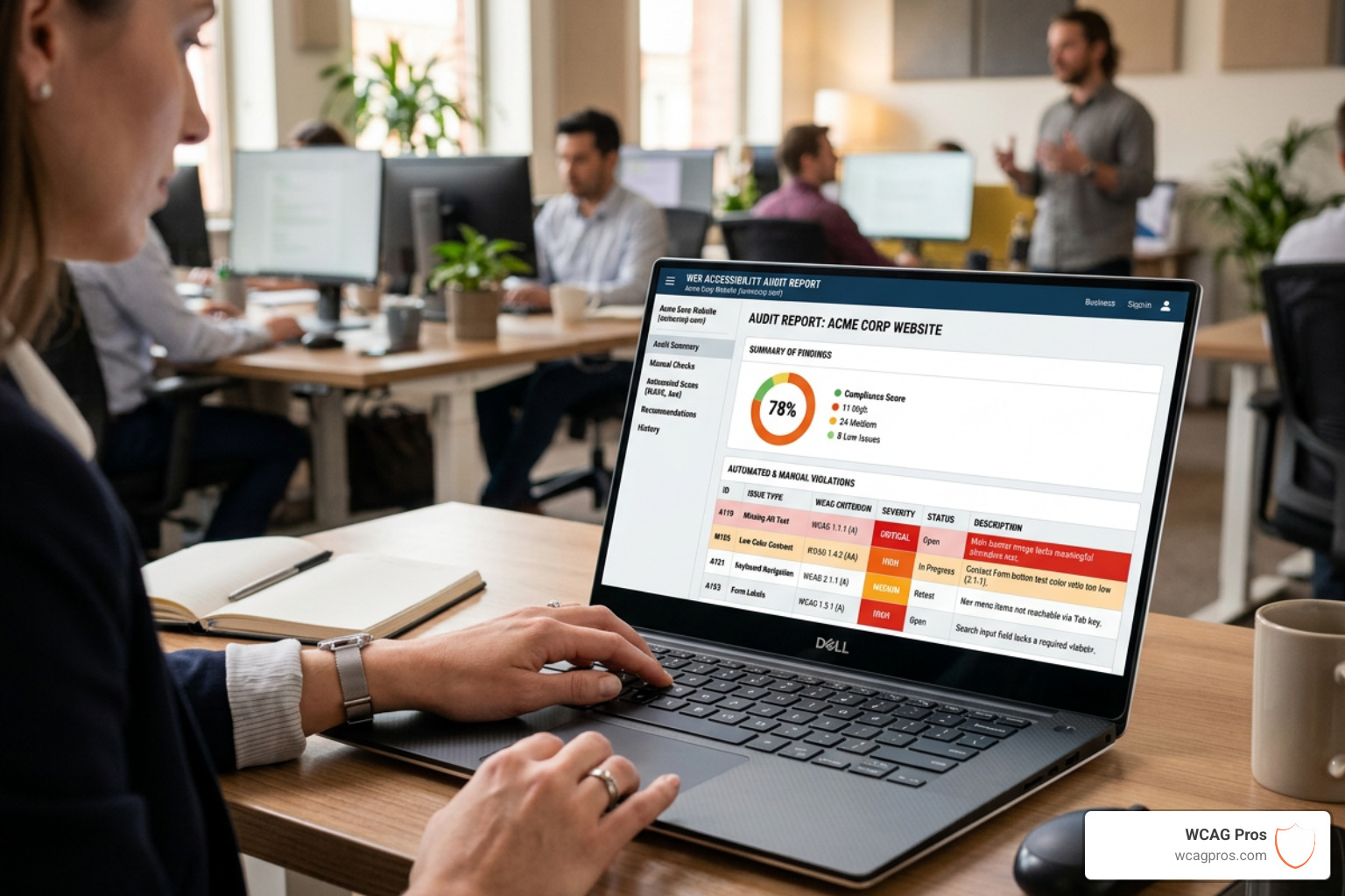 A technical accessibility audit report showing manual and automated findings - website ada compliance remediation A technical accessibility audit report showing manual and automated findings - website ada compliance remediation