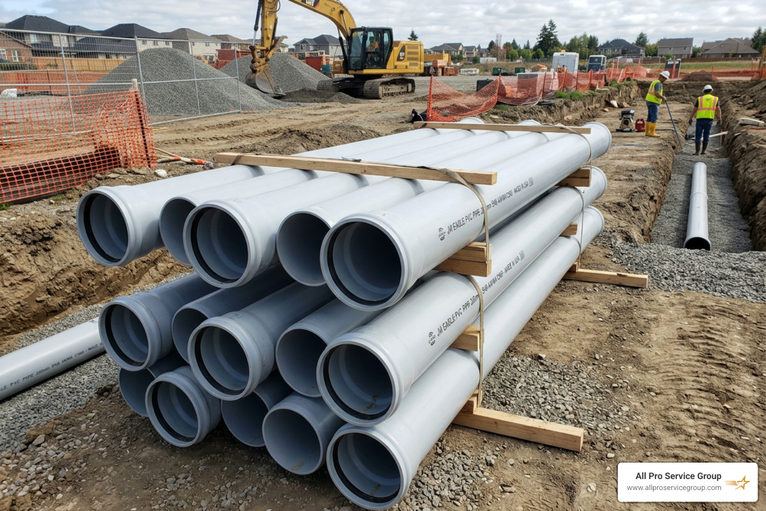 new PVC sewer pipes ready for installation - cost to repipe the main sewer line to the street