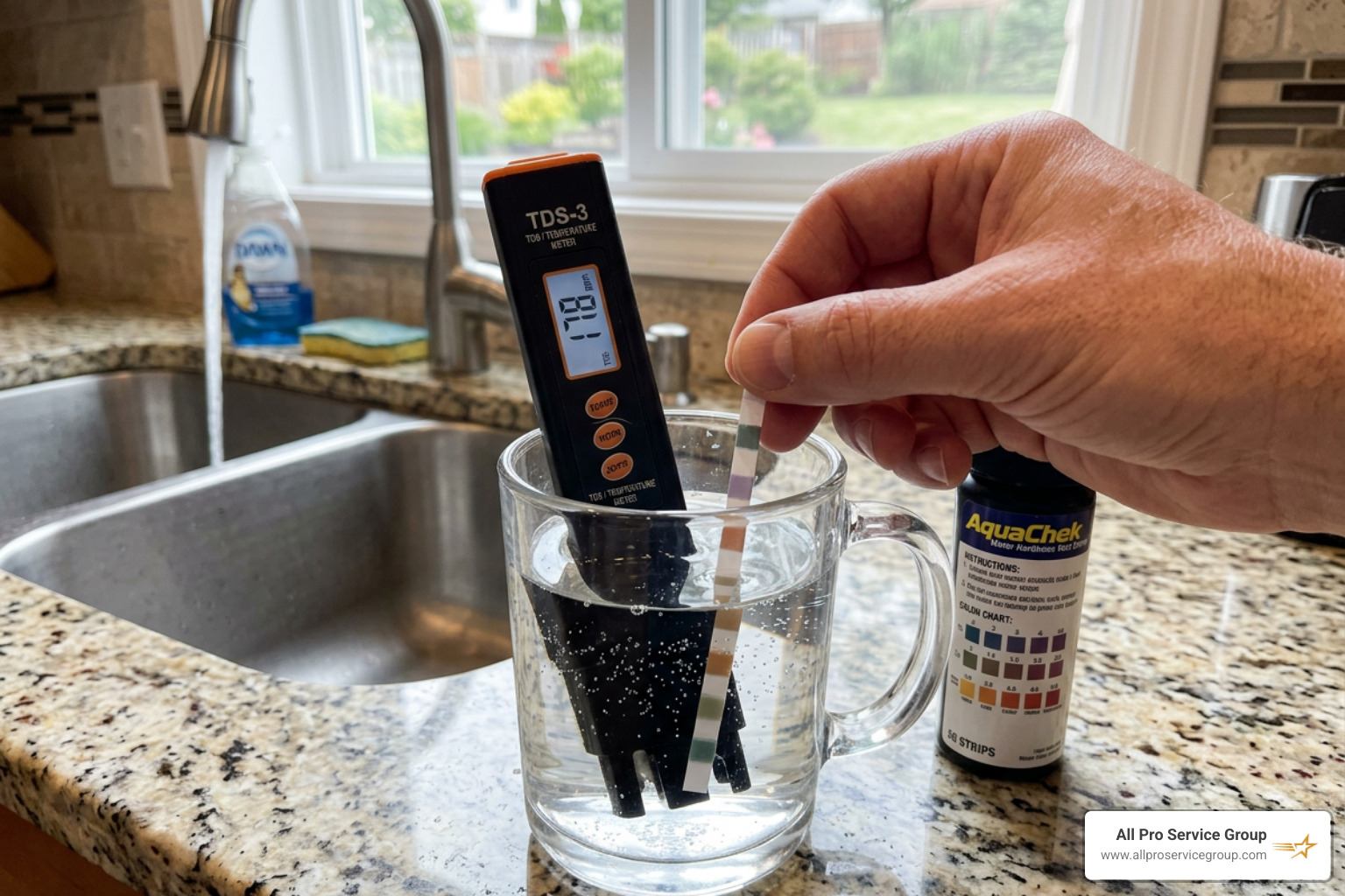 Testing water hardness with a digital meter and test strips - installation of water softeners