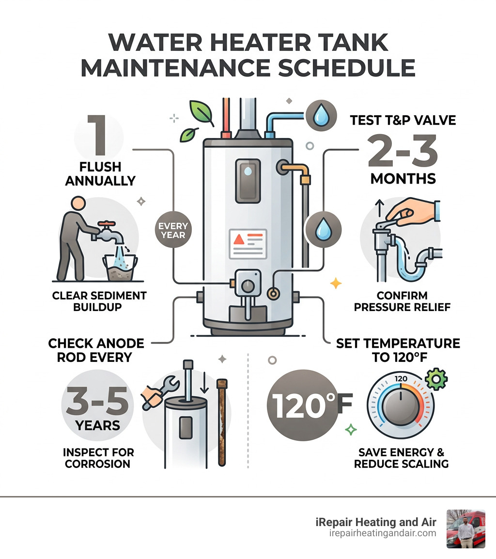 Infographic showing water heater tank maintenance schedule: flush annually, check anode rod every 3-5 years, test T&P valve