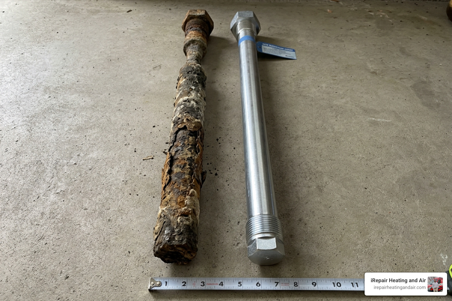 Corroded anode rod vs new anode rod - water heater tank maintenance