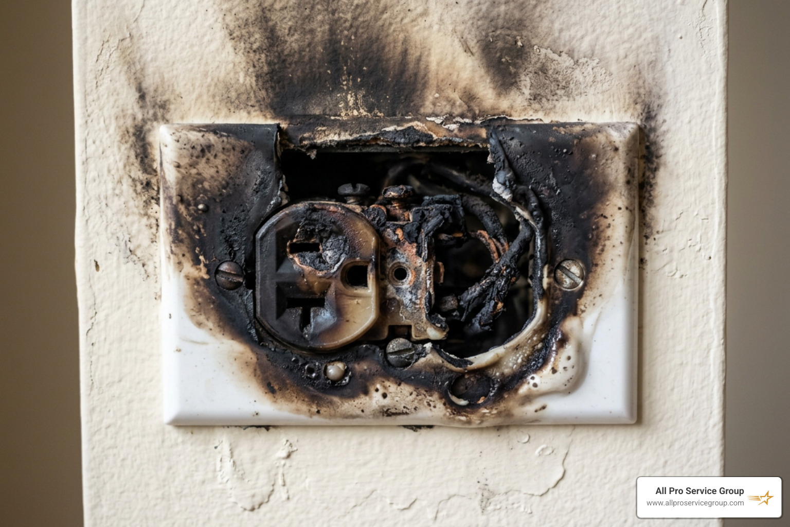 A charred and melted electrical outlet showing signs of a dangerous short circuit - same day electricians A charred and melted electrical outlet showing signs of a dangerous short circuit - same day electricians