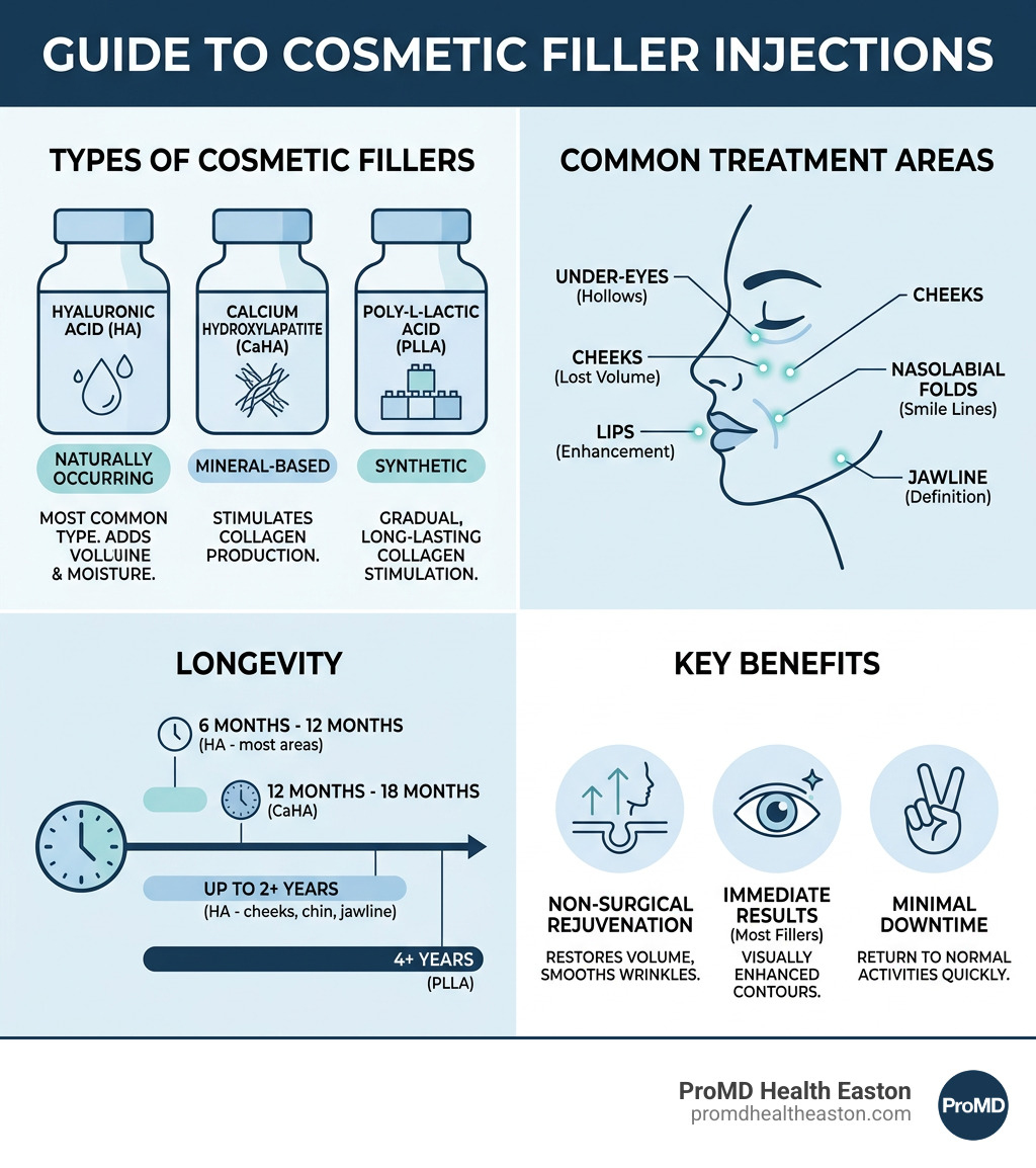 infographic showing types of cosmetic filler injections, treatment areas, longevity, and key benefits - cosmetic filler