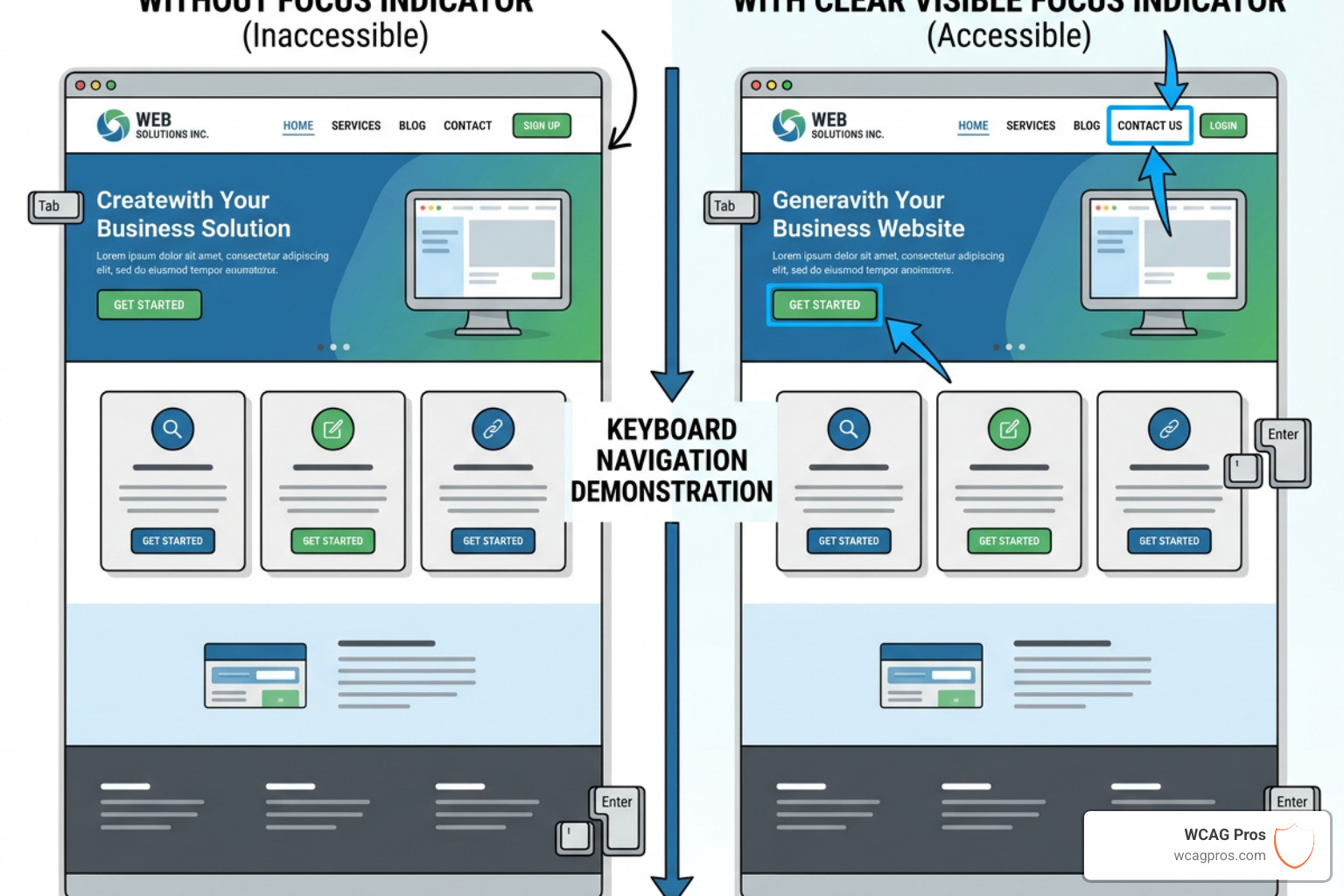 Graphic showing a website with and without a visible focus indicator to demonstrate Success Criterion 2.4.7 - wcag aa Graphic showing a website with and without a visible focus indicator to demonstrate Success Criterion 2.4.7 - wcag aa