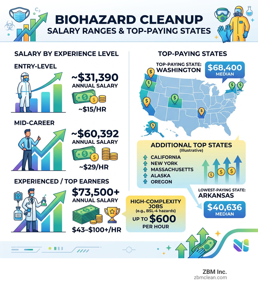 Infographic showing biohazard cleanup salary ranges by experience level and top-paying states - biohazard cleanup jobs