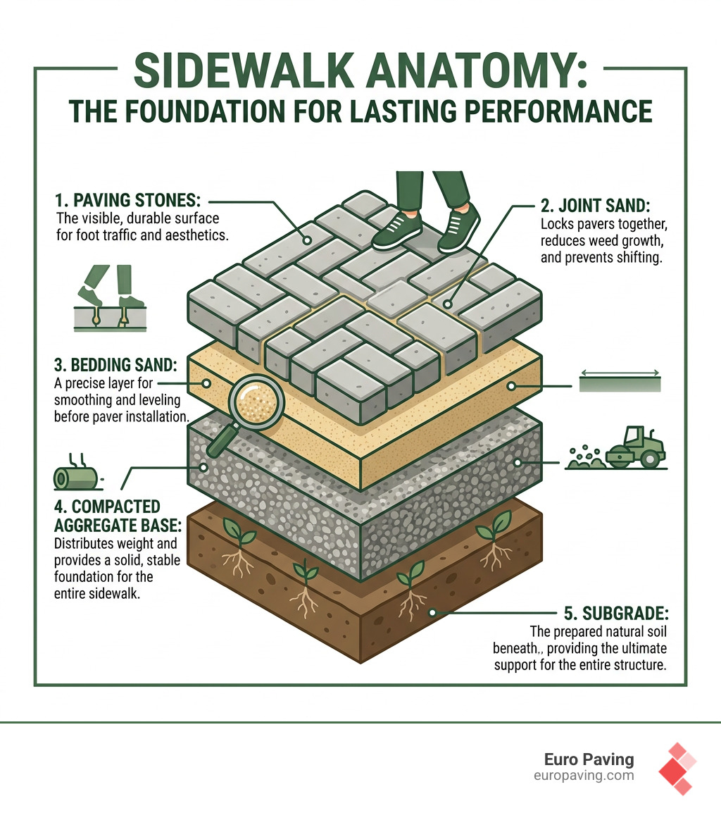 Sidewalk anatomy infographic showing layers: subgrade, compacted aggregate base, bedding sand, paving stones, and joint sand