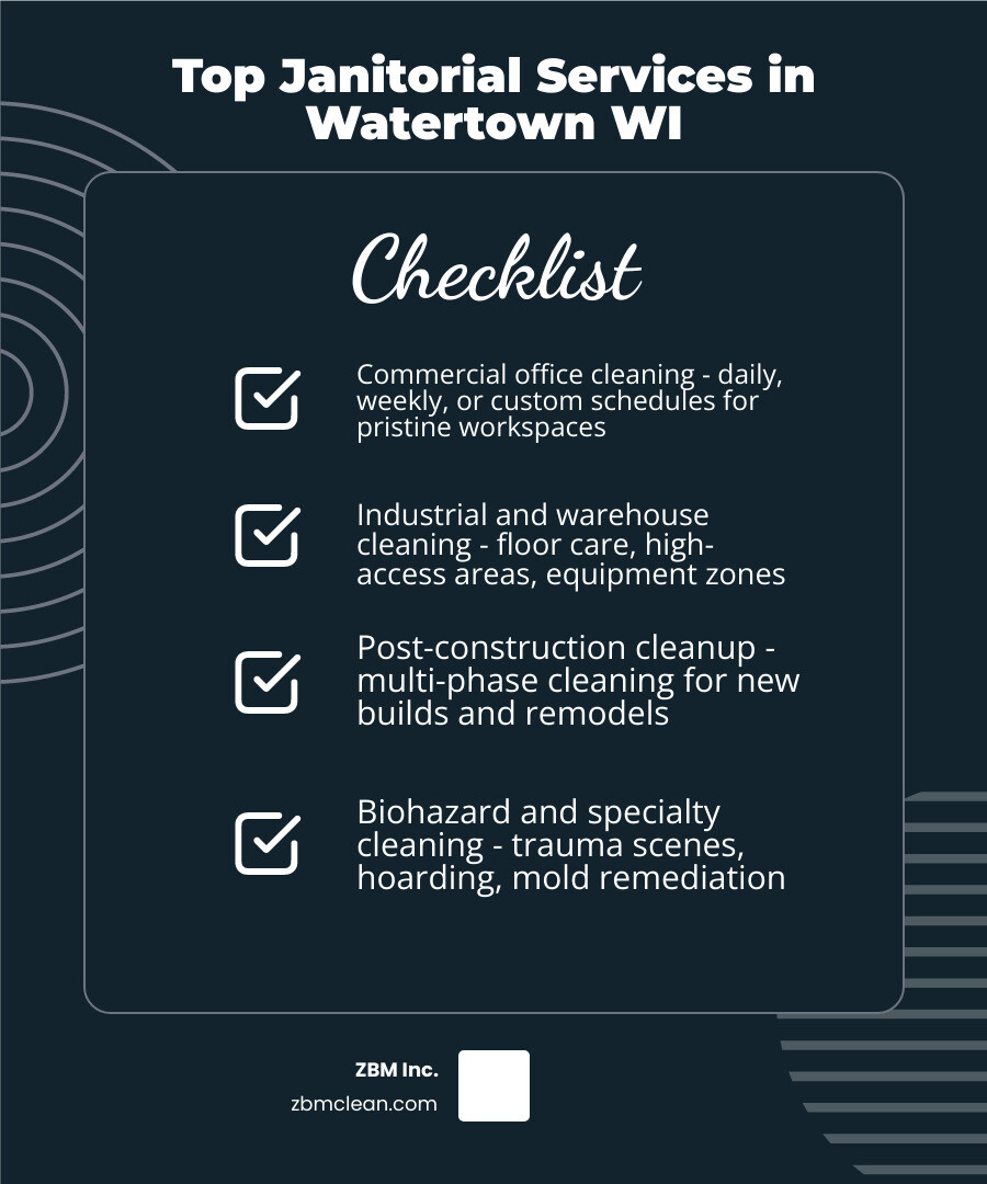 Infographic showing types of janitorial services in Watertown WI and their impact on workplace cleanliness - janitorial Infographic showing types of janitorial services in Watertown WI and their impact on workplace cleanliness - janitorial
