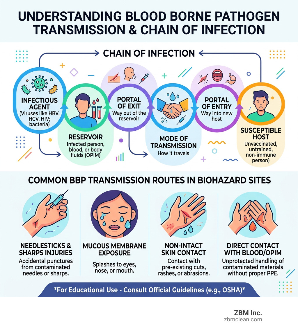 Infographic showing bloodborne pathogen chain of infection and transmission routes - blood borne pathogen cleanup