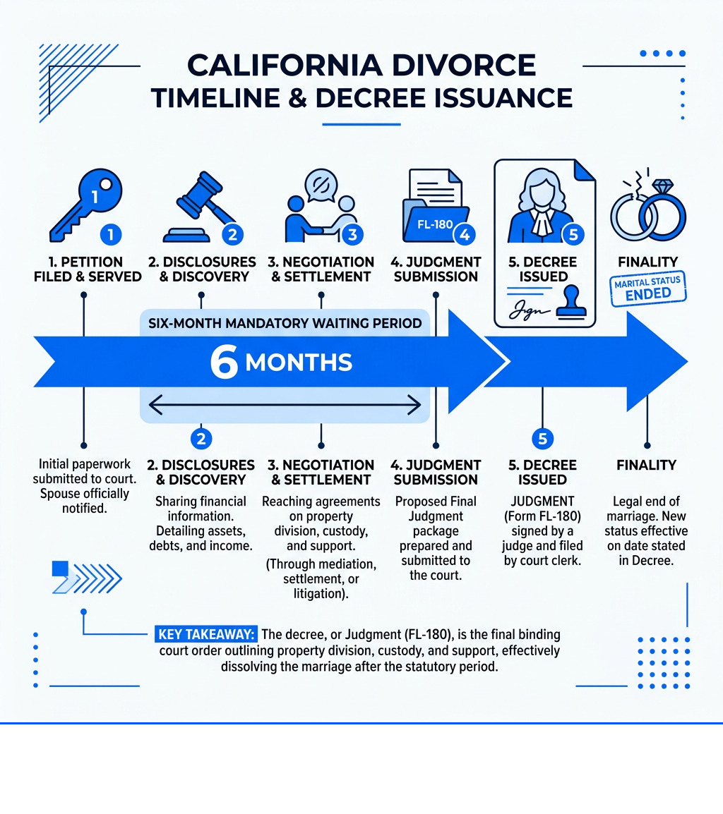 California divorce timeline showing 6-month waiting period, key milestones, and decree issuance steps - divorce decree in