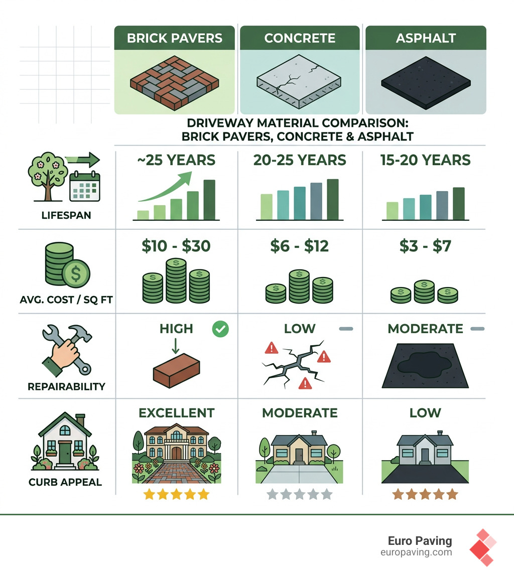 Infographic comparing brick pavers vs concrete vs asphalt: lifespan, cost, repair, and curb appeal - brick pavement for