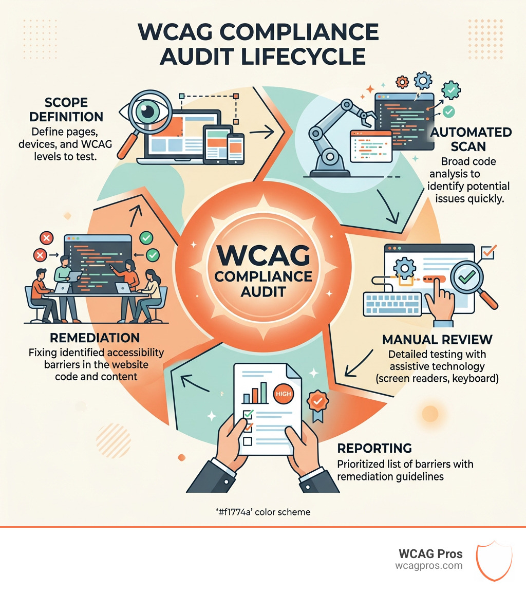 WCAG compliance audit lifecycle infographic showing scope definition, automated scan, manual review, reporting, and WCAG compliance audit lifecycle infographic showing scope definition, automated scan, manual review, reporting, and