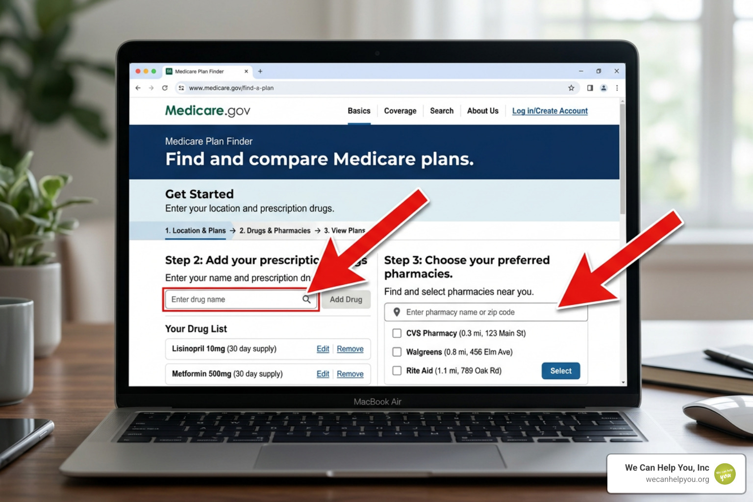 Graphic showing the Medicare.gov Plan Finder interface with arrows highlighting how to enter drugs and pharmacies - Need