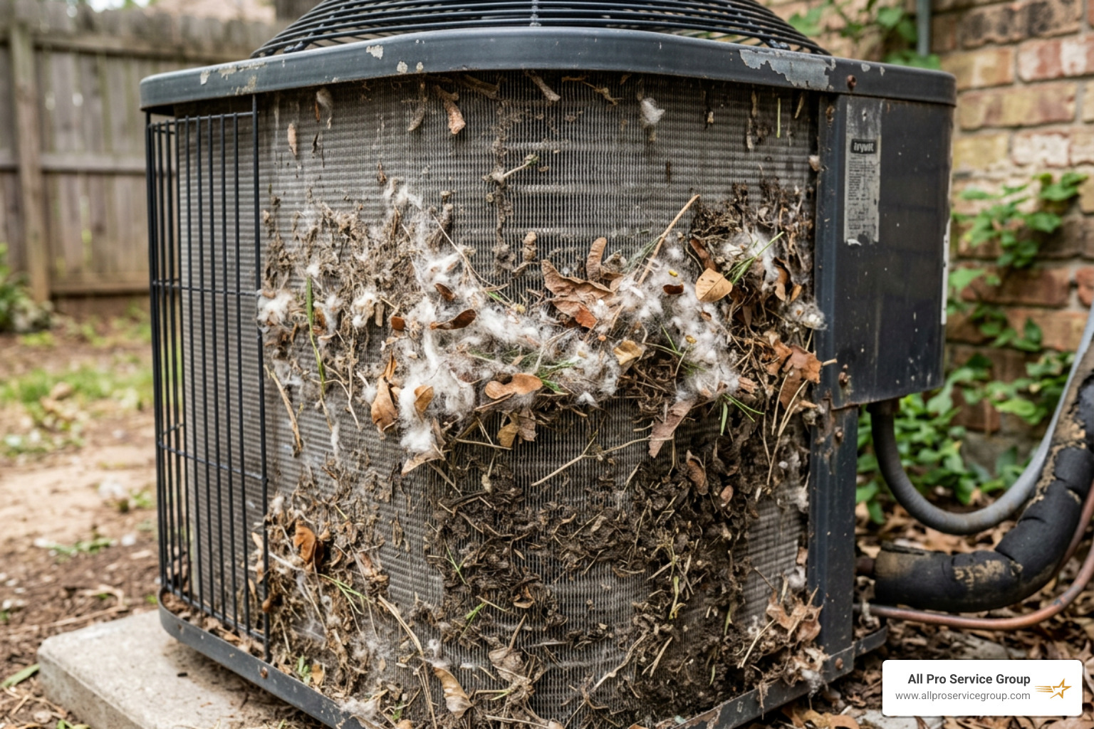 debris-clogged condenser fins showing dirt and cottonwood buildup - Clean AC condenser