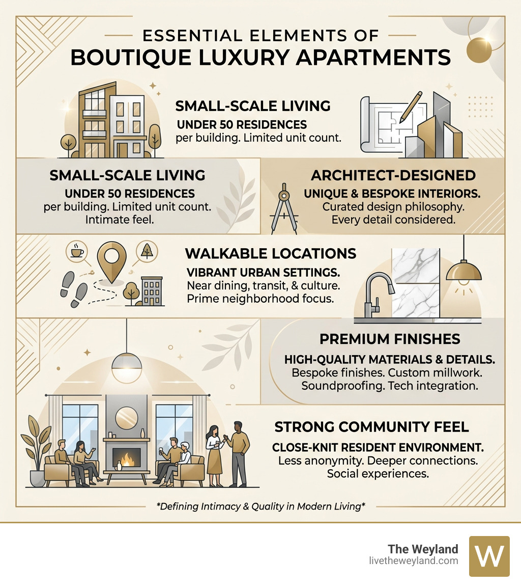 Infographic explaining boutique luxury apartments: under 50 units, architect-designed, walkable locations, premium finishes
