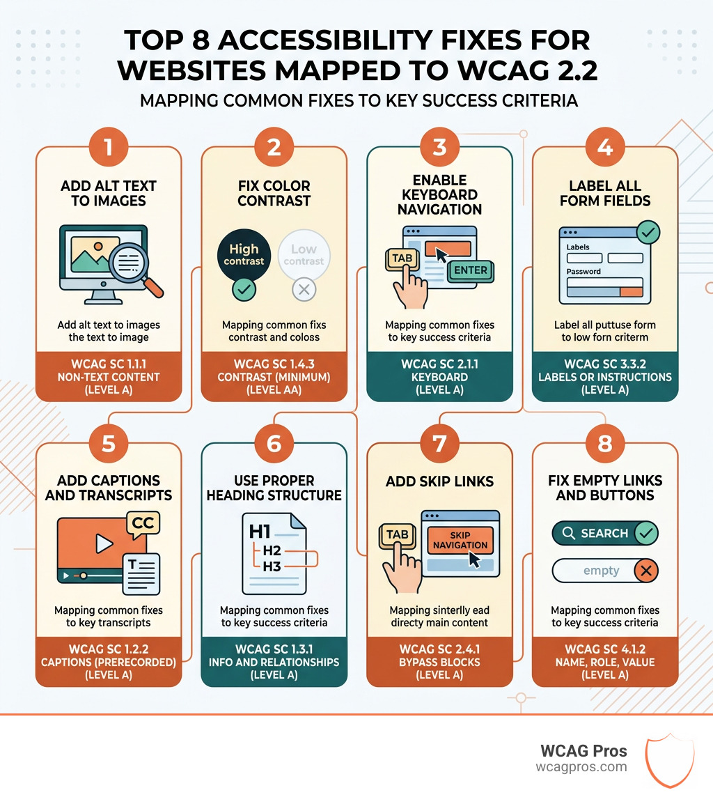 Infographic showing top 8 accessibility fixes for websites mapped to WCAG success criteria - accessibility fixes for Infographic showing top 8 accessibility fixes for websites mapped to WCAG success criteria - accessibility fixes for