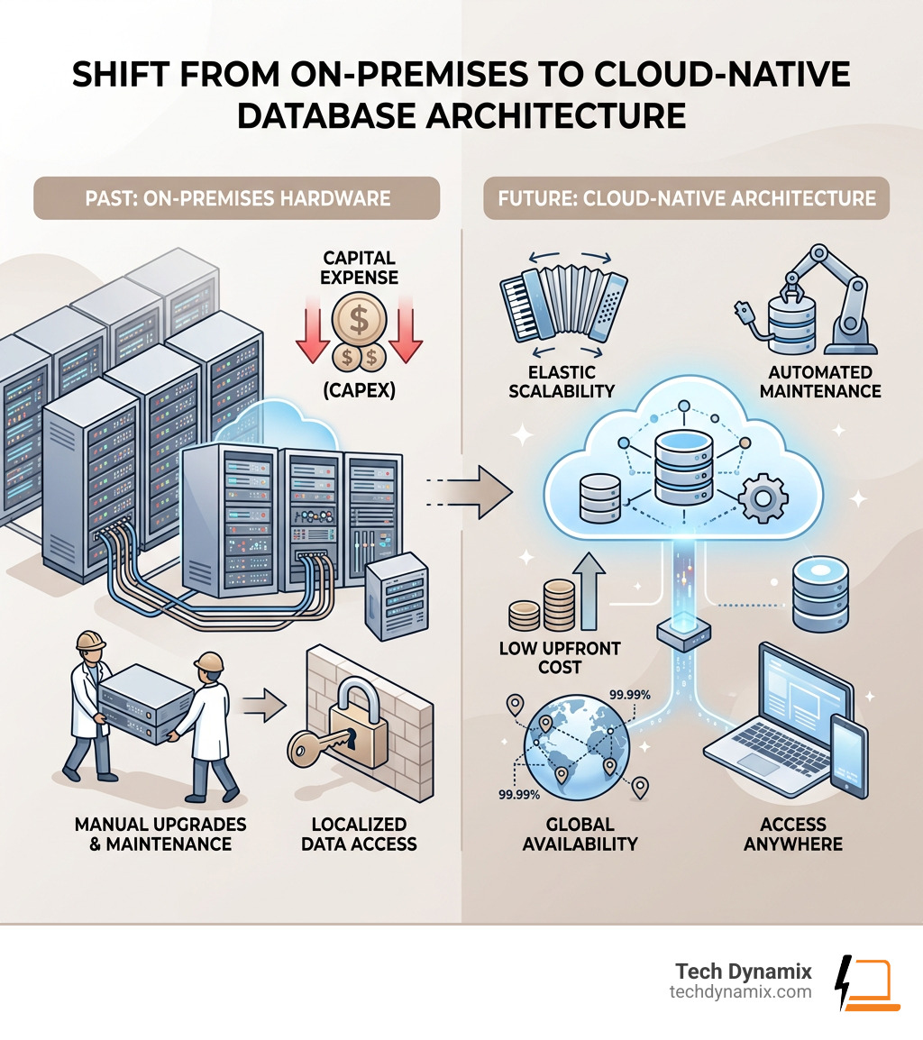 Infographic showing the shift from on-premises hardware to cloud-native database architecture - cloud based database