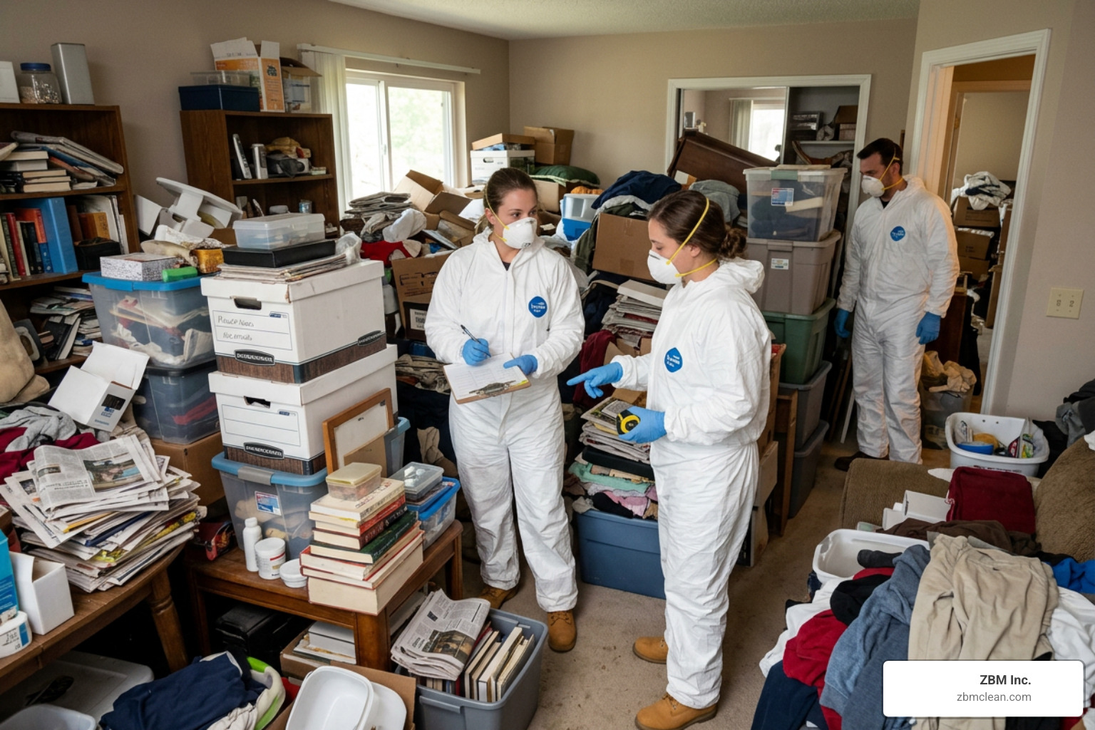 Professional team assessing high-volume clutter in a residential living area - hoarding cleanup timeline services Professional team assessing high-volume clutter in a residential living area - hoarding cleanup timeline services