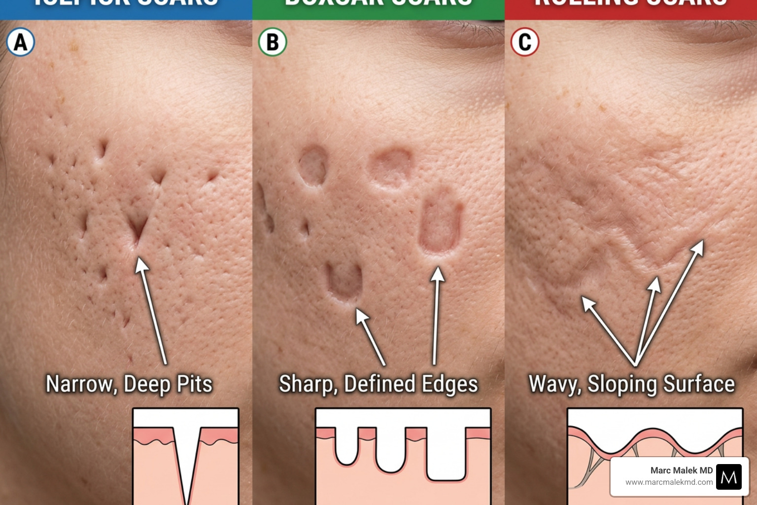 Comparison of icepick, boxcar, and rolling acne scars - how to get rid of acne scars Comparison of icepick, boxcar, and rolling acne scars - how to get rid of acne scars