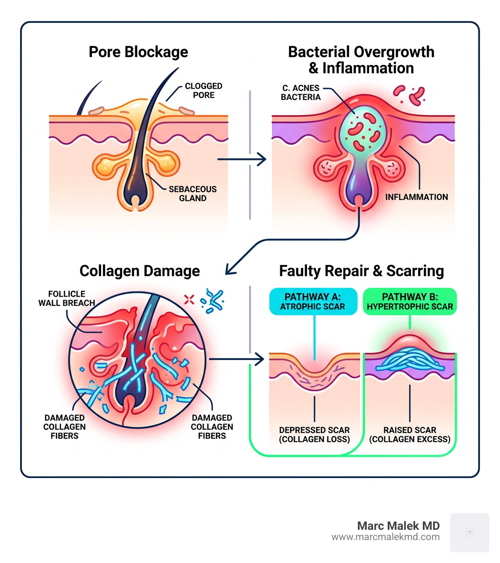 Diagram showing how acne inflammation leads to collagen damage and scar formation - how to get rid of acne scars infographic Diagram showing how acne inflammation leads to collagen damage and scar formation - how to get rid of acne scars infographic