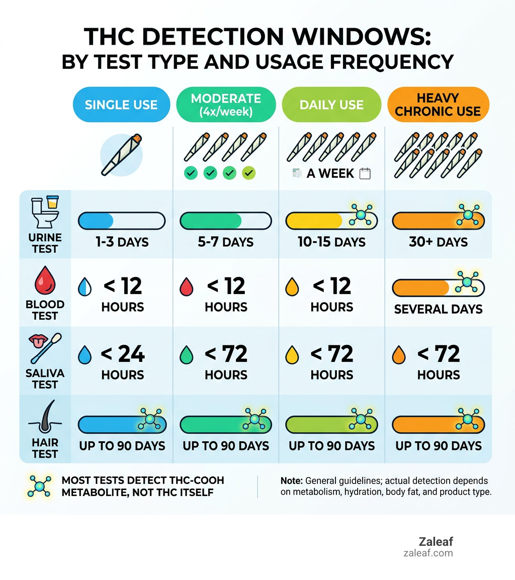 Infographic showing THC detection windows by test type and usage frequency - how long does it take for thc to leave body Infographic showing THC detection windows by test type and usage frequency - how long does it take for thc to leave body