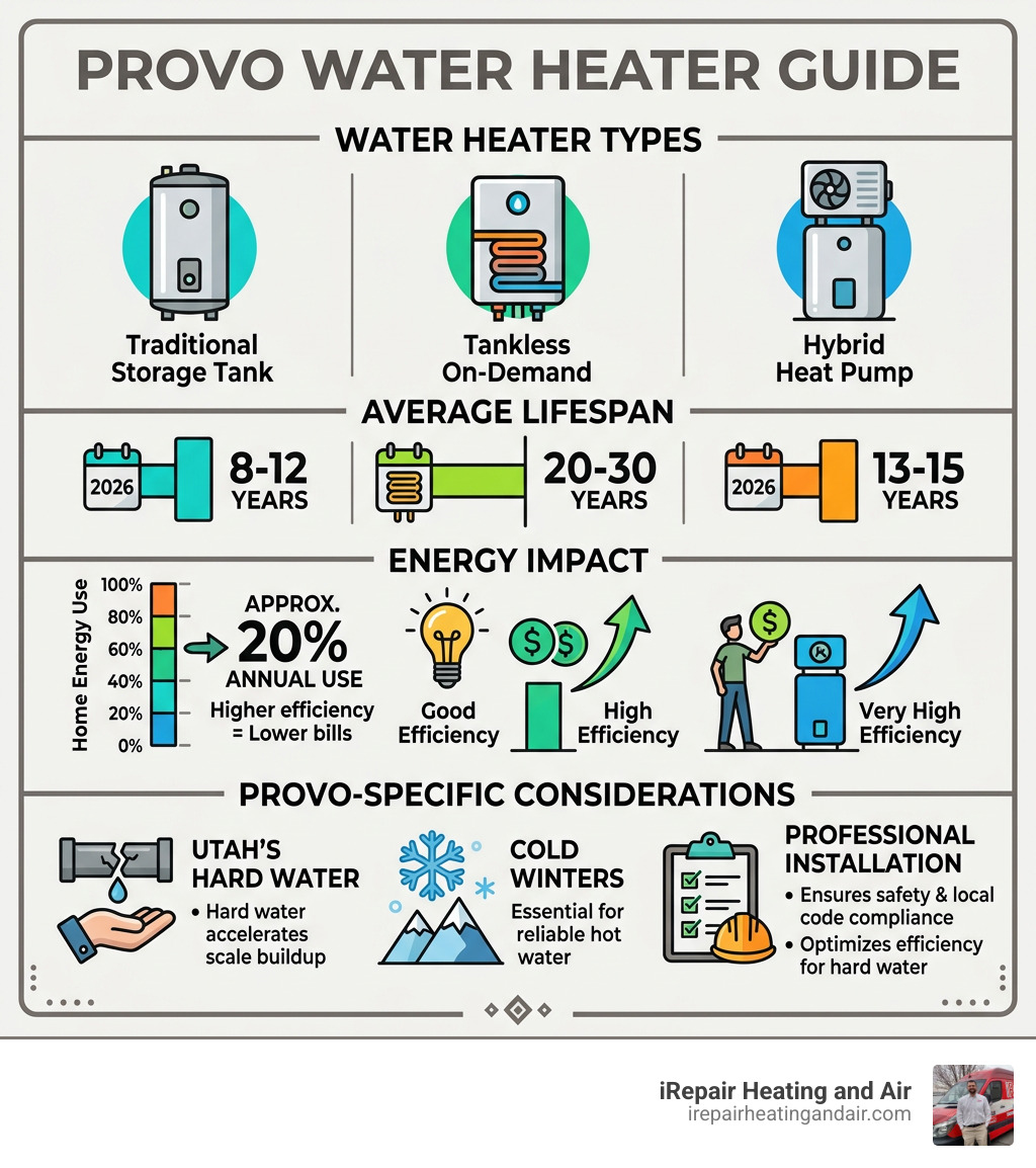 Infographic showing water heater types, lifespan, energy impact, and Provo-specific considerations - water heater