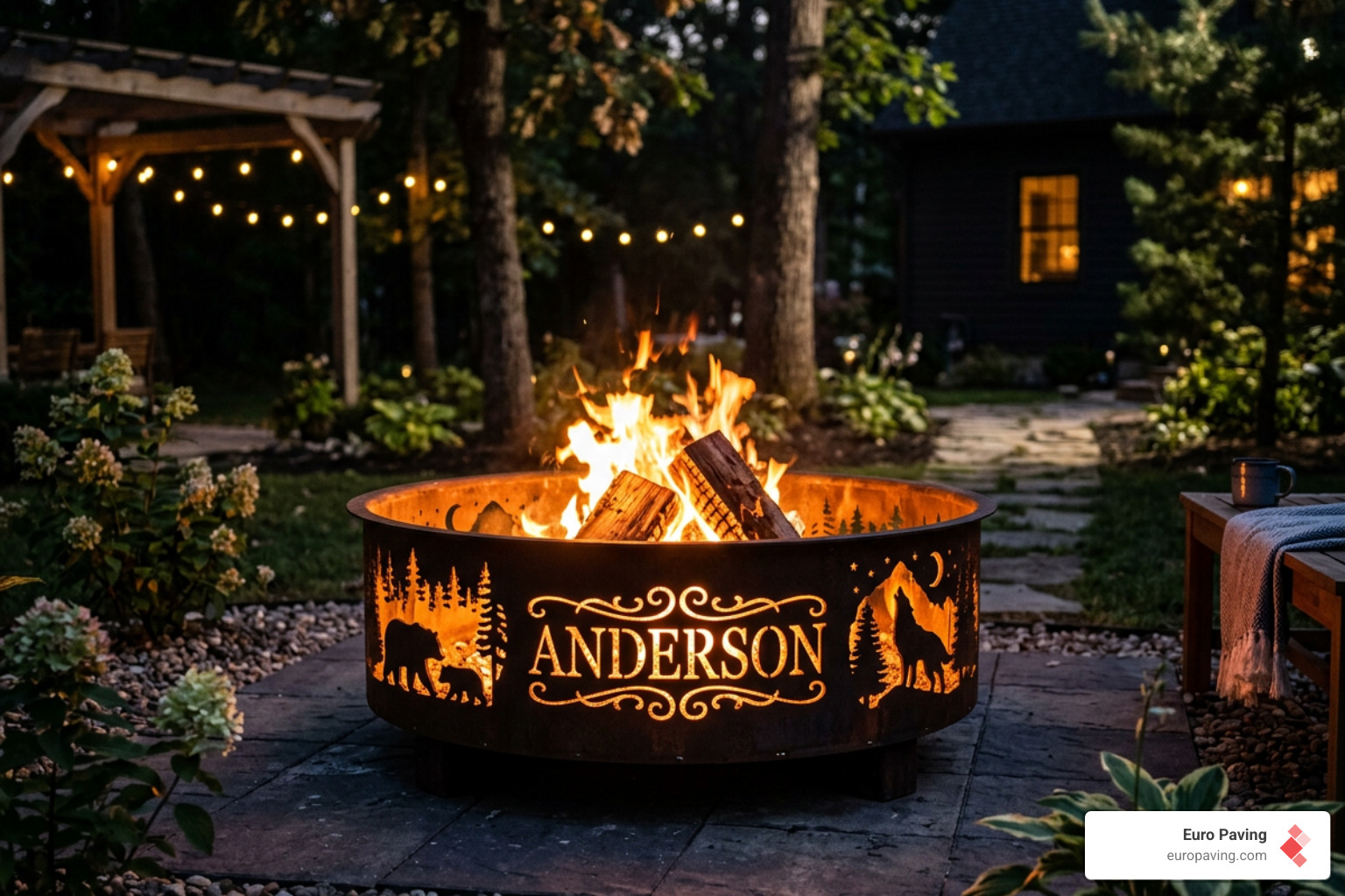 Personalized fire pit with laser-cut lettering and themed art - custom fire pits