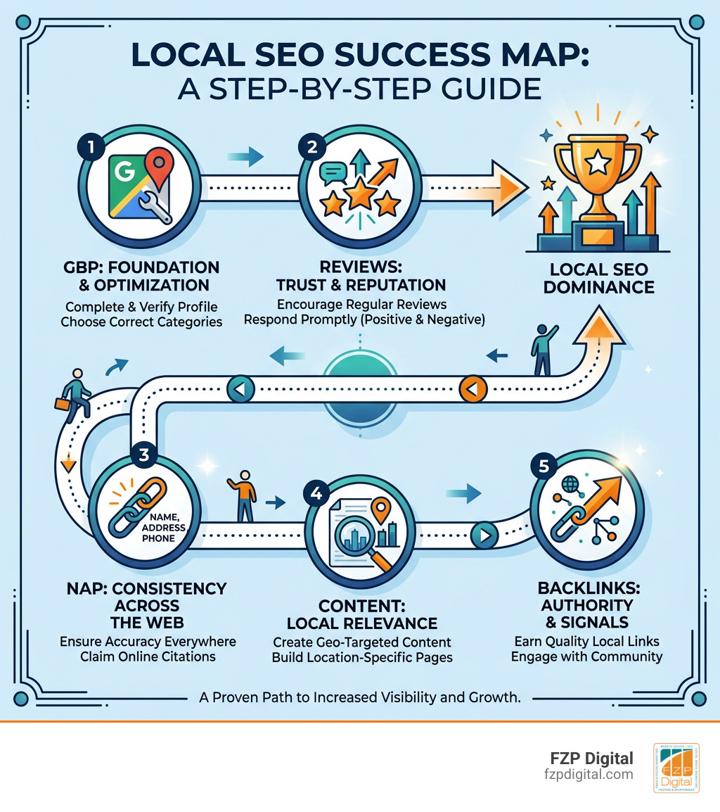 Step-by-step local SEO success map showing GBP, reviews, NAP, content, and backlinks - local search ranking improvement Step-by-step local SEO success map showing GBP, reviews, NAP, content, and backlinks - local search ranking improvement