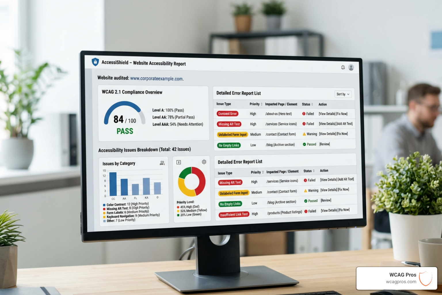 Accessibility tool dashboard showing error reports and WCAG compliance scores - online website accessibility checker Accessibility tool dashboard showing error reports and WCAG compliance scores - online website accessibility checker