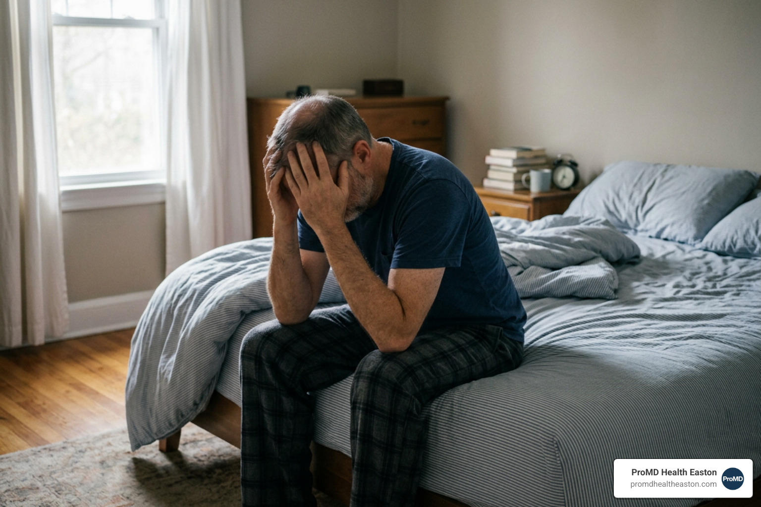 A person sitting on a bed looking exhausted, representing fatigue and brain fog - Hormone panel testing Easton A person sitting on a bed looking exhausted, representing fatigue and brain fog - Hormone panel testing Easton
