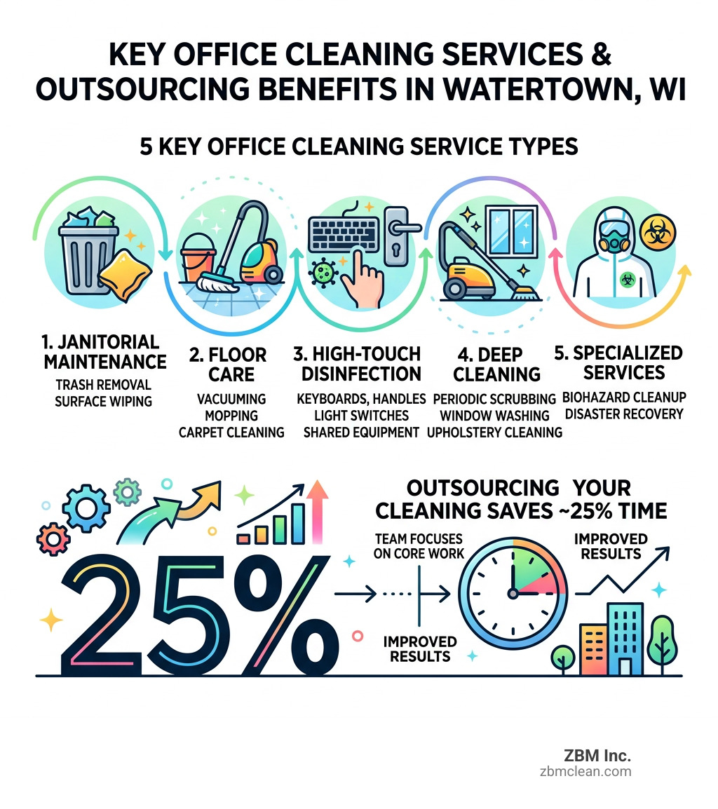 Infographic showing 5 key office cleaning service types and 25% time savings from outsourcing in Watertown WI - office