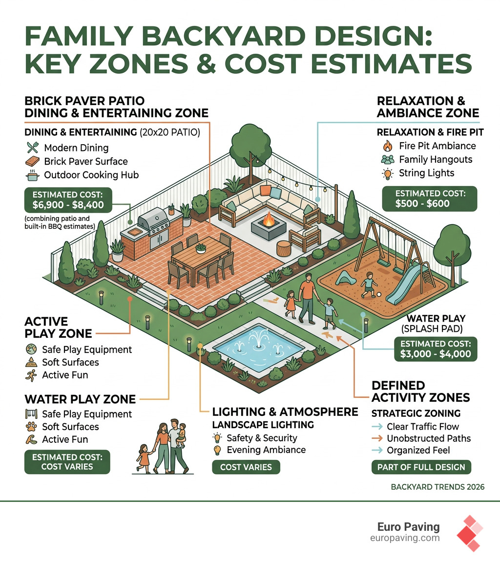 Infographic showing key zones, cost estimates, and features of a family backyard design - family backyard designs