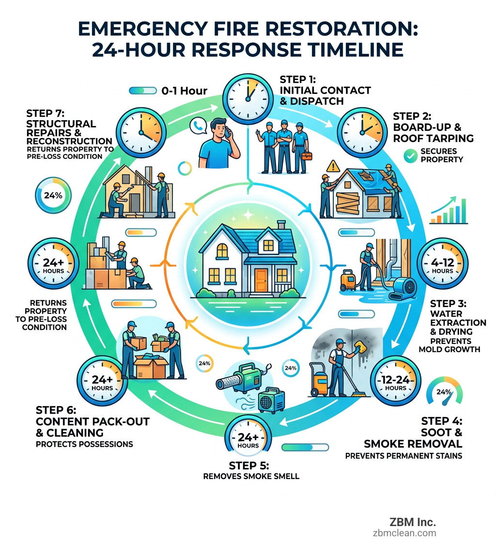 Emergency fire restoration timeline showing 24-hour response steps from board-up to reconstruction - fire damage cleanup Emergency fire restoration timeline showing 24-hour response steps from board-up to reconstruction - fire damage cleanup