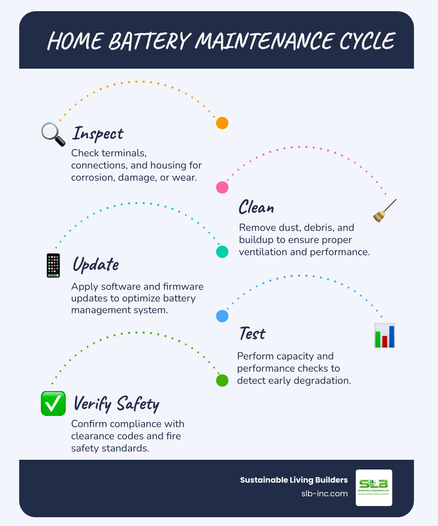 Infographic showing the home battery maintenance cycle: inspection, cleaning, software update, performance check, safety