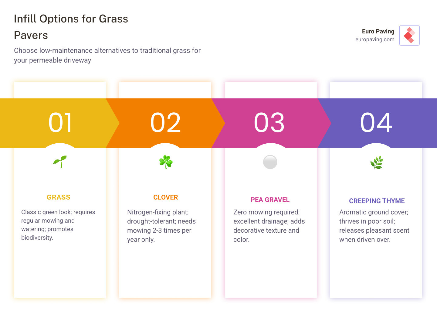 Comparison of maintenance needs for grass, clover, and gravel infill - driveway bricks with holes for grass infographic