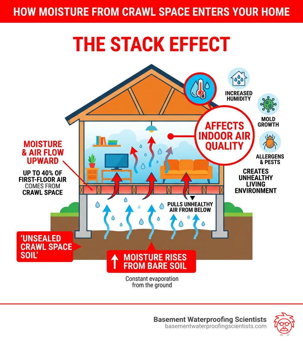Infographic showing the stack effect: moisture rises from crawl space soil, moves through floors, affects indoor air quality