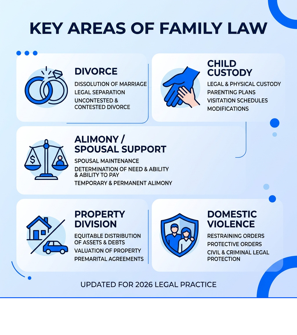 Infographic showing key areas of family law: divorce, child custody, alimony, property division, and domestic violence Infographic showing key areas of family law: divorce, child custody, alimony, property division, and domestic violence