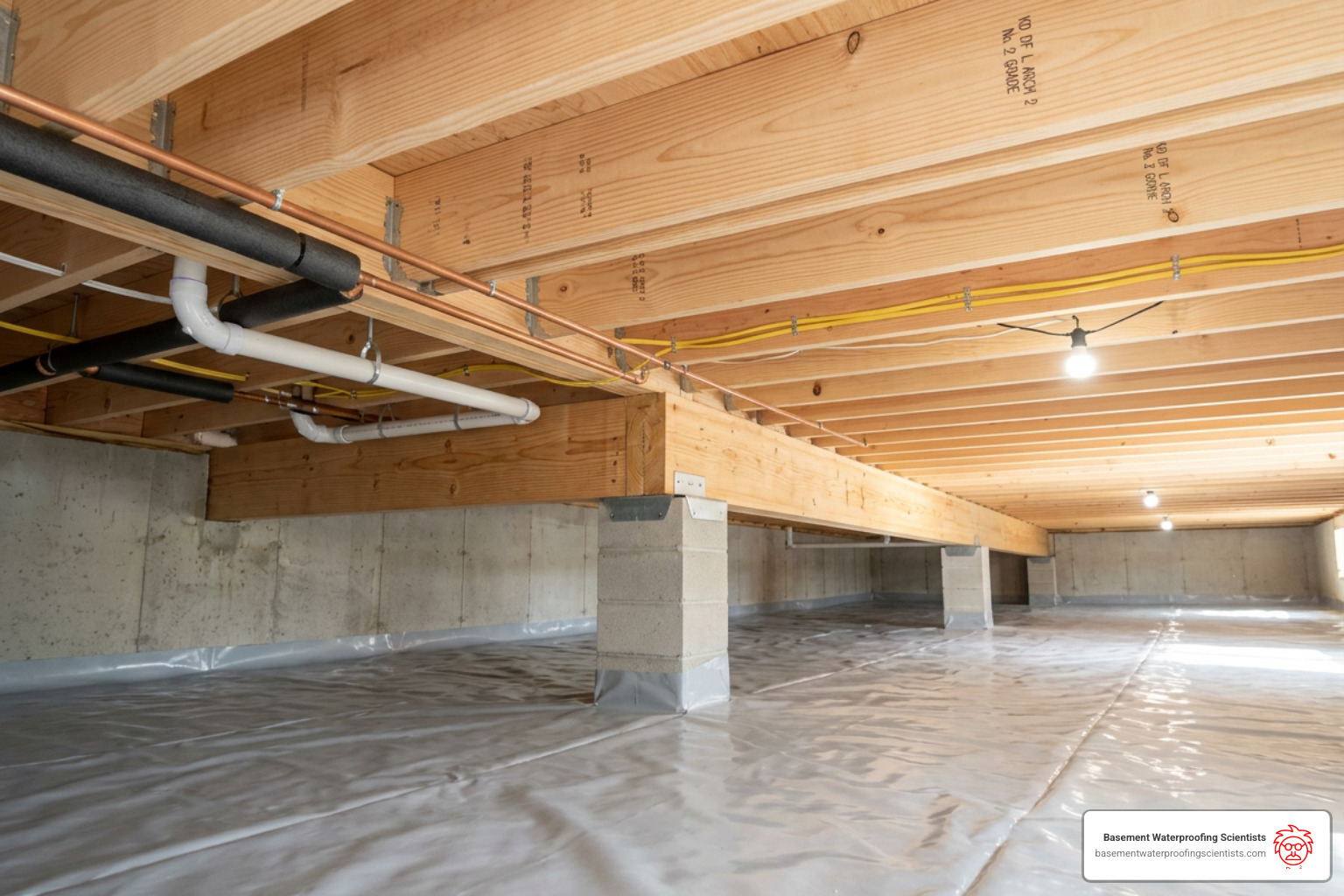 Mold-free floor joists in a dry crawl space - crawl space vapor barriers