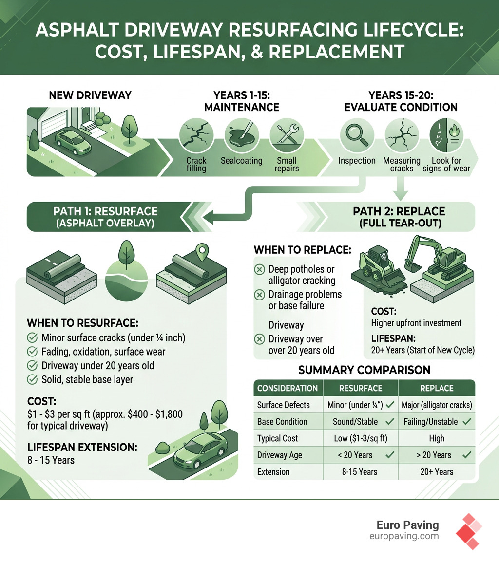 Asphalt driveway resurfacing lifecycle infographic showing cost, lifespan, and when to resurface vs replace - asphalt