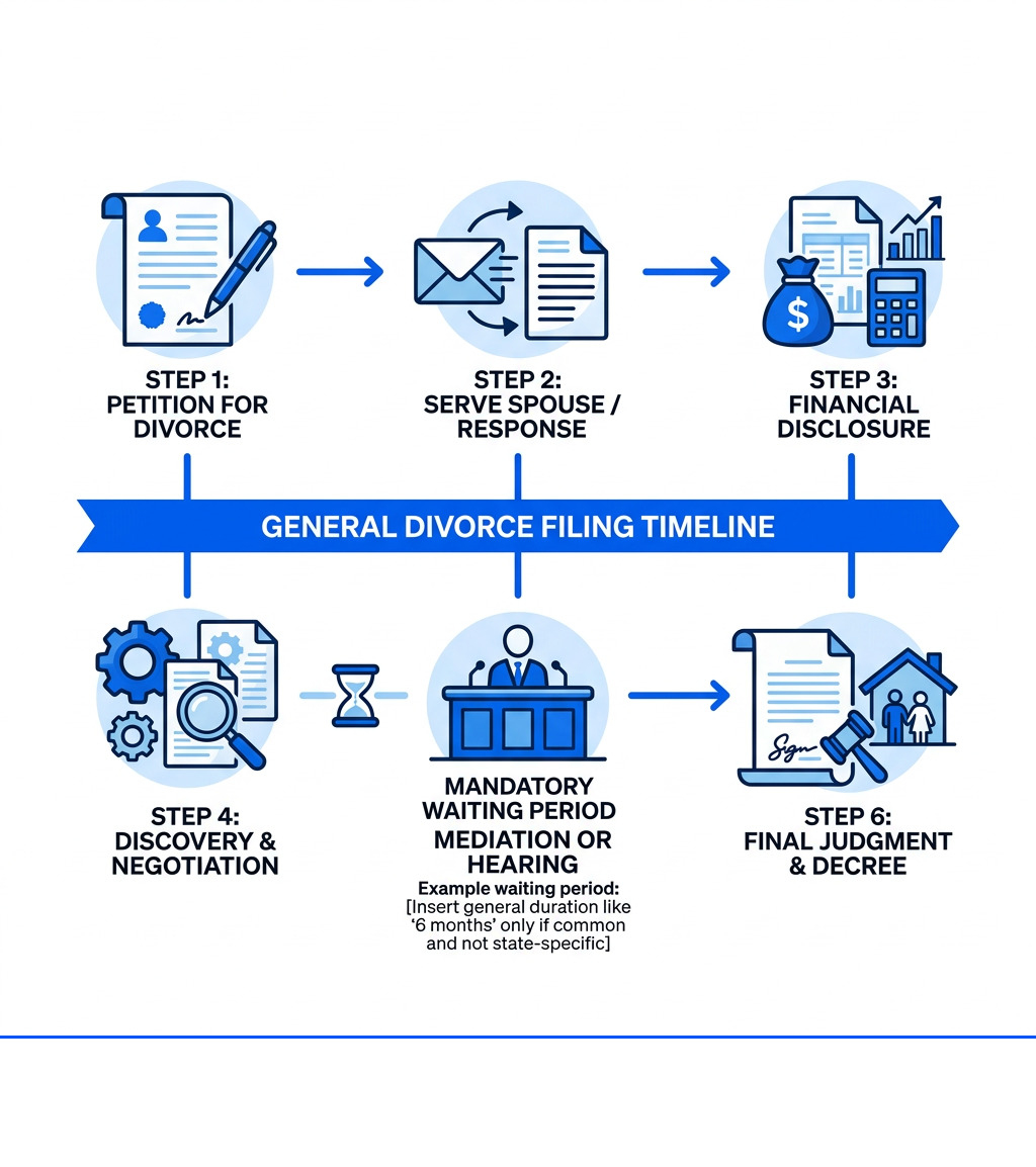 Divorce filing timeline infographic from petition to final decree with key steps and waiting periods - application for