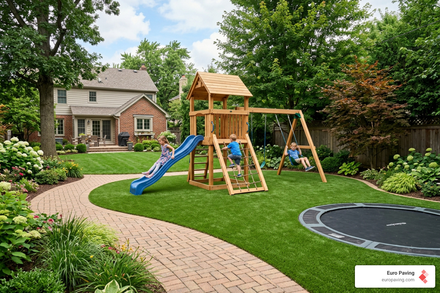 Modern play structure integrated with brick pathways and soft turf - family backyard designs