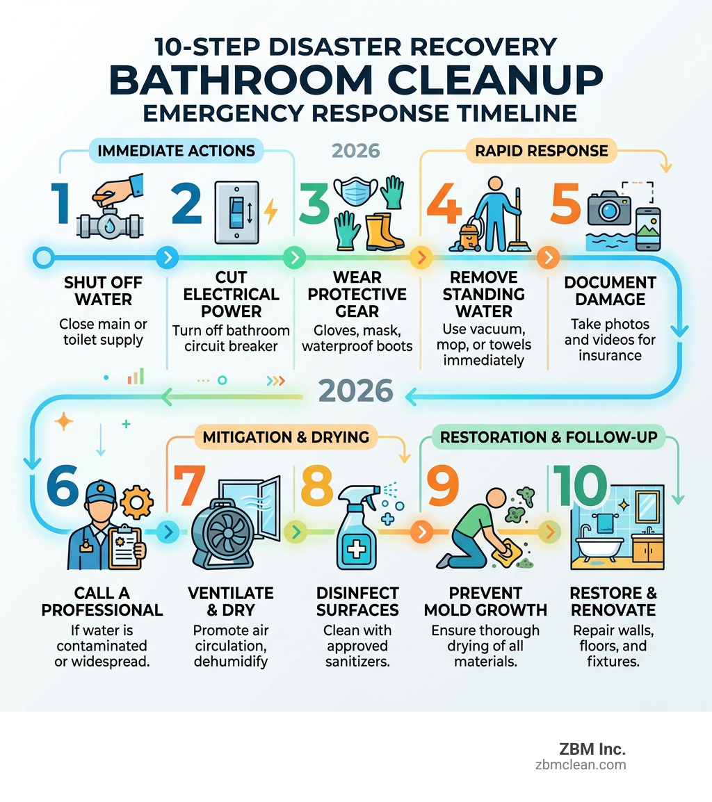 10-step disaster recovery bathroom cleanup emergency response timeline infographic - disaster recovery bathroom cleanup