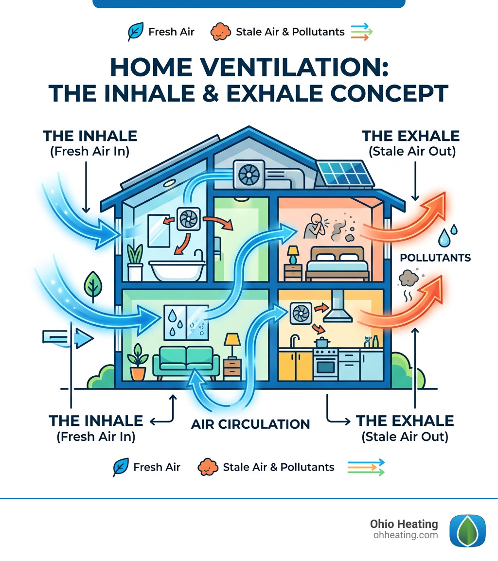 infographic showing home inhale exhale ventilation concept with fresh air in and stale air out - Home ventilation solutions