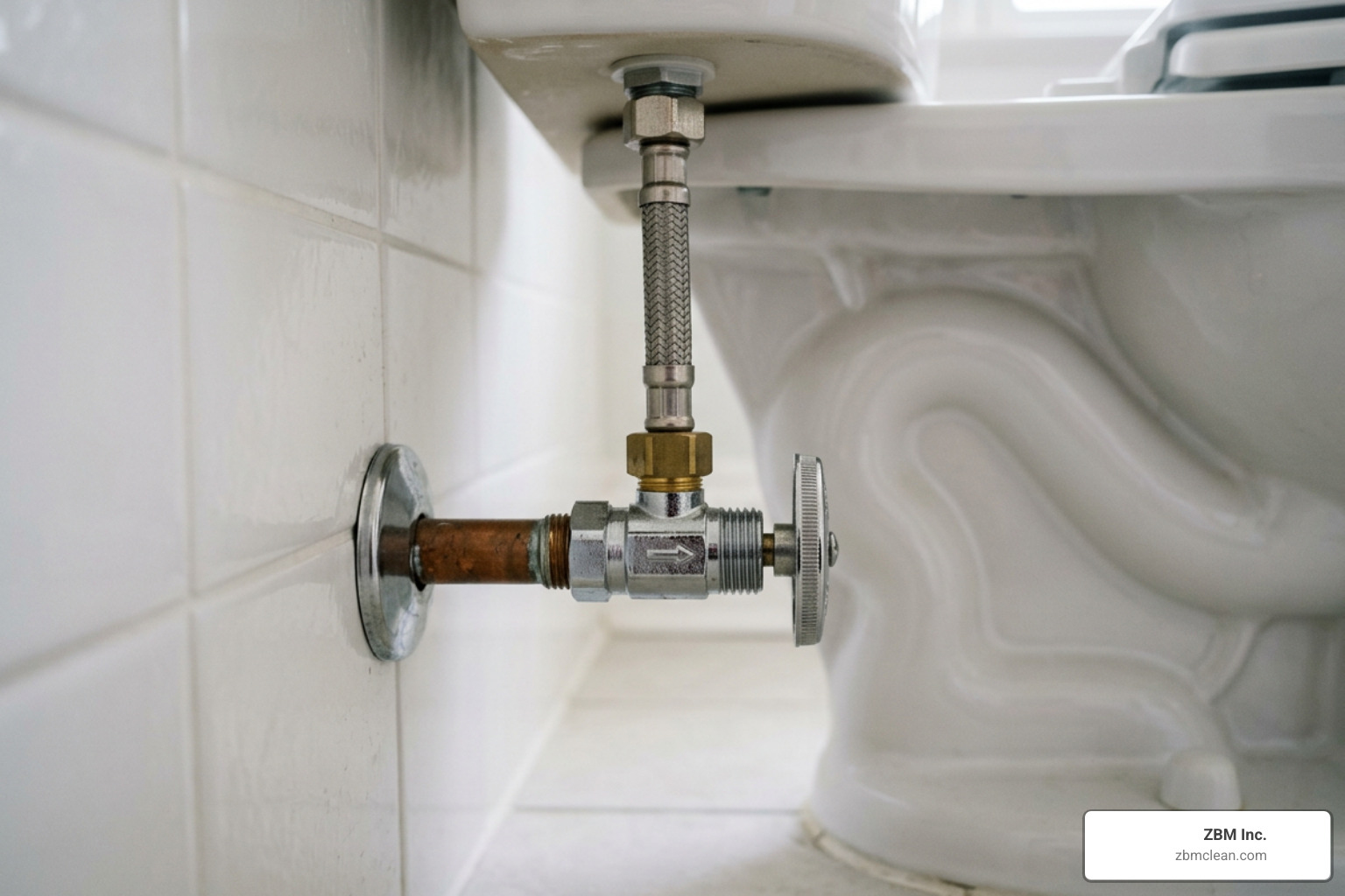 water shut-off valve located behind a toilet - disaster recovery bathroom cleanup