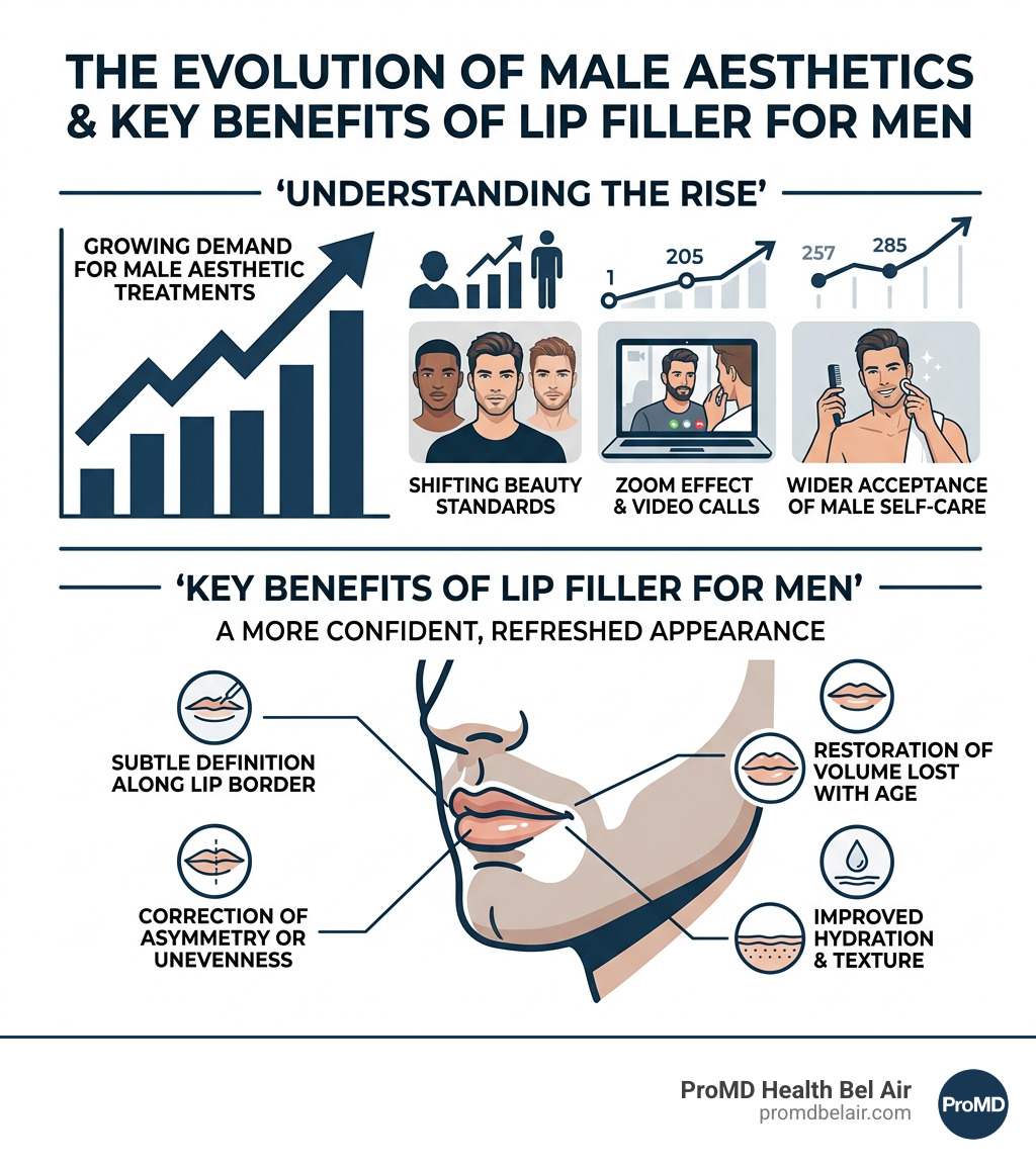 infographic showing rise of male aesthetic treatments and key benefits of lip filler for men - Lip filler for men infographic showing rise of male aesthetic treatments and key benefits of lip filler for men - Lip filler for men
