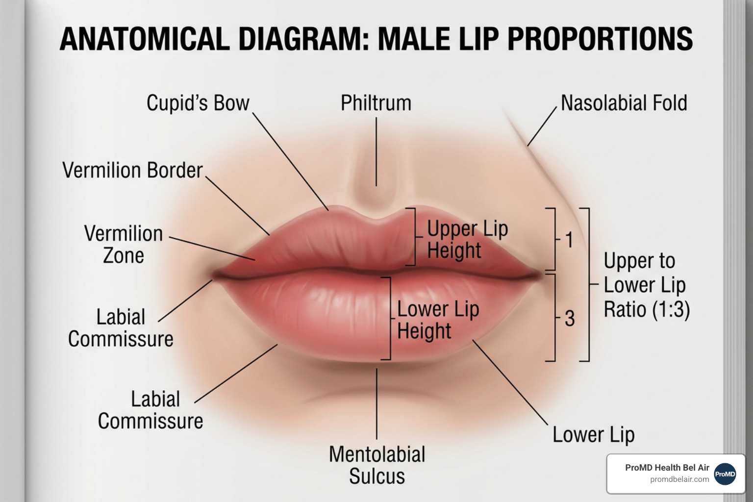 diagram illustrating male lip anatomy and the 1 to 3 ratio - Lip filler for men diagram illustrating male lip anatomy and the 1 to 3 ratio - Lip filler for men