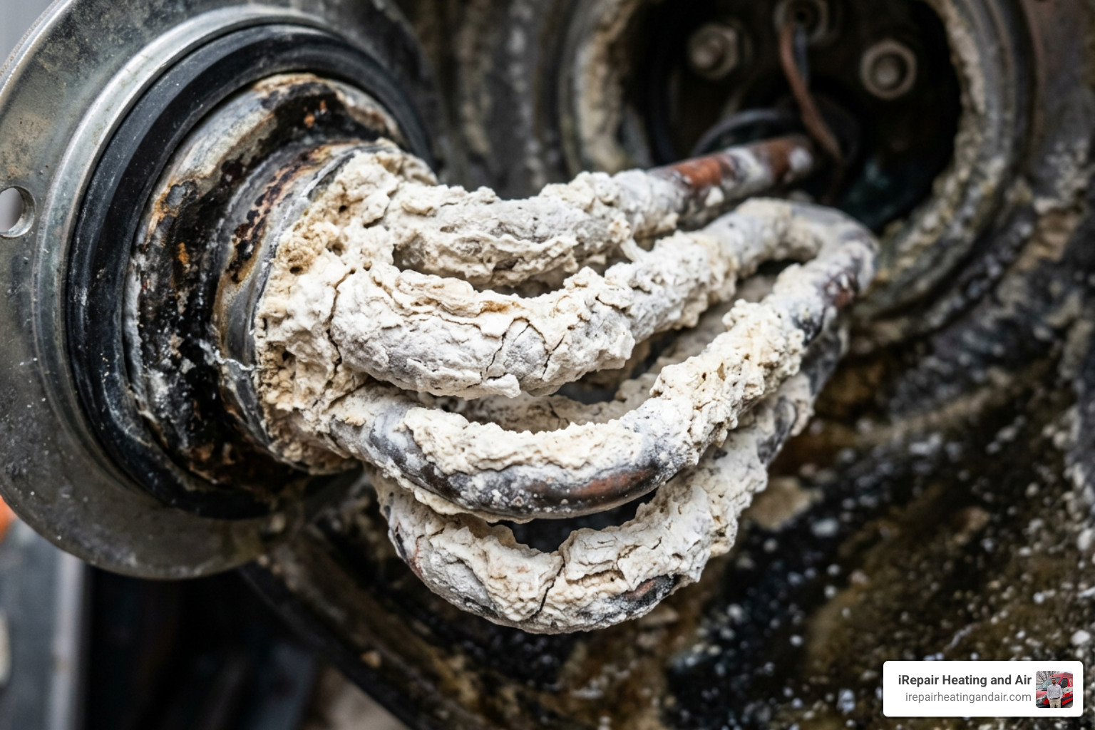 Close up of heating element covered in thick white calcium and limescale buildup from Utah hard water - tankless water