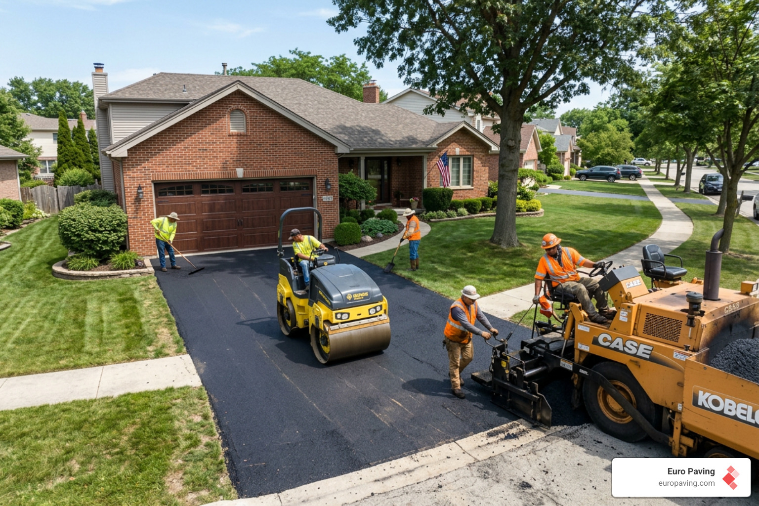Professional paving equipment in action on a Chicago driveway - asphalt driveway resurfacing