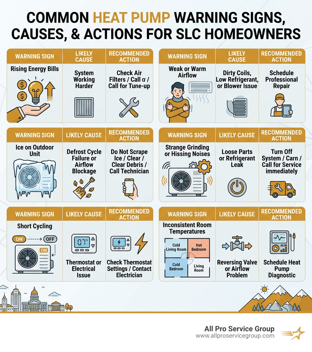 Infographic showing common heat pump warning signs, causes, and recommended actions for Salt Lake City homeowners - heat