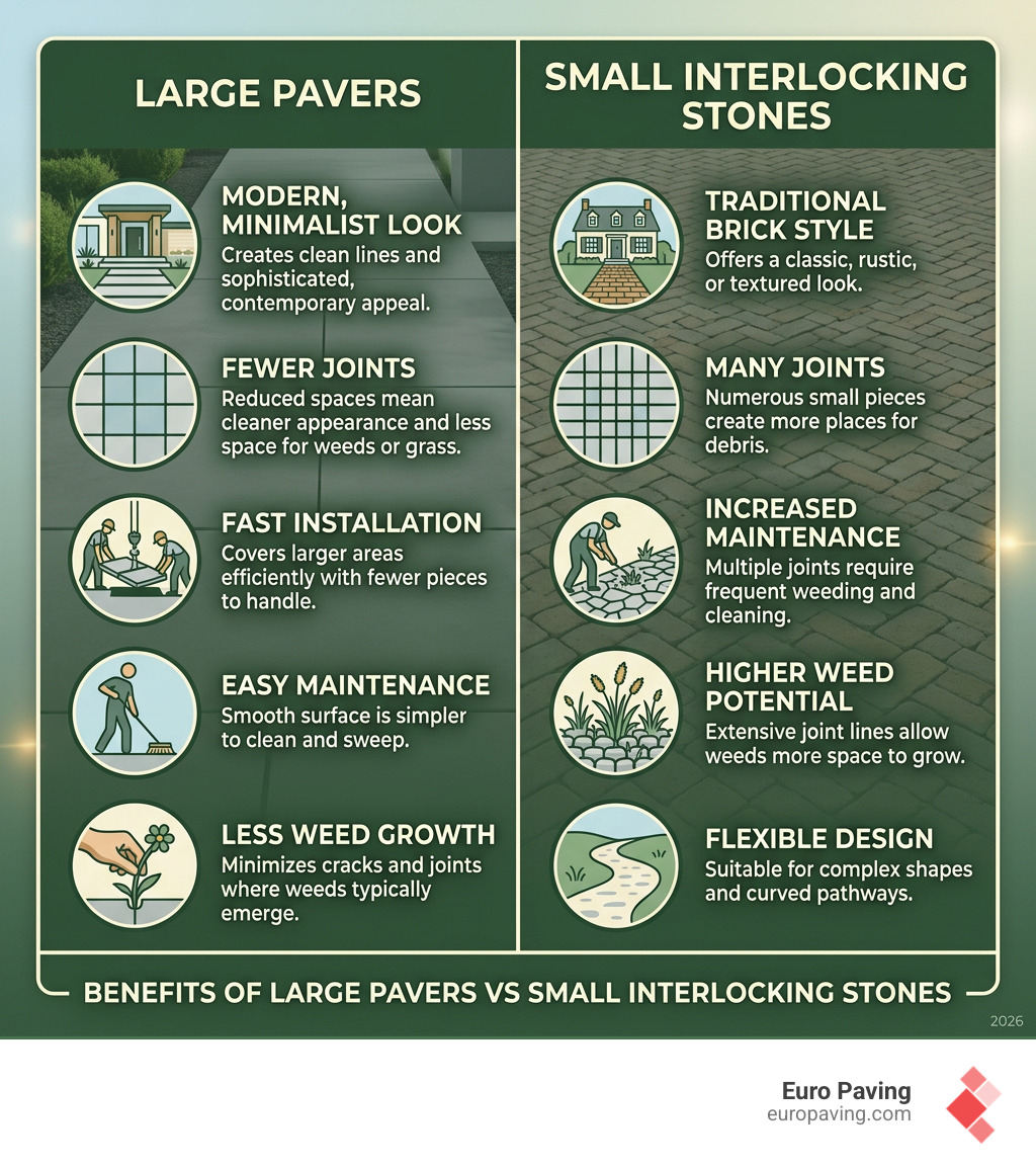 Benefits of large pavers vs small interlocking stones infographic - large paver walkway ideas infographic 